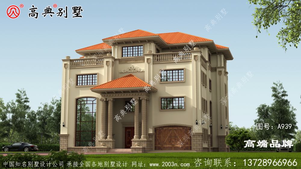 簡(jiǎn)歐四層大戶型別墅外觀圖，構(gòu)件非常精美